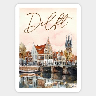 Delft Holland Watercolor Skyline Print – Vintage Dutch Travel Art Sticker